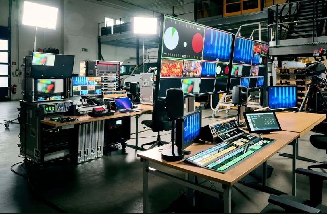 Mobile Bildregie von BILDQUADRAT im Flightcase-Aufbau: Monitorwand mit Multiviewer, Bildmischer und Audio-Abhöre